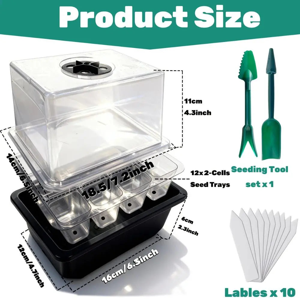 Kit de germination avec couvercle transparent, bacs noirs, outils de semis verts et étiquettes blanches