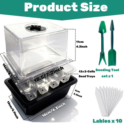 Kit de germination avec couvercle transparent, bacs noirs, outils de semis verts et étiquettes blanches