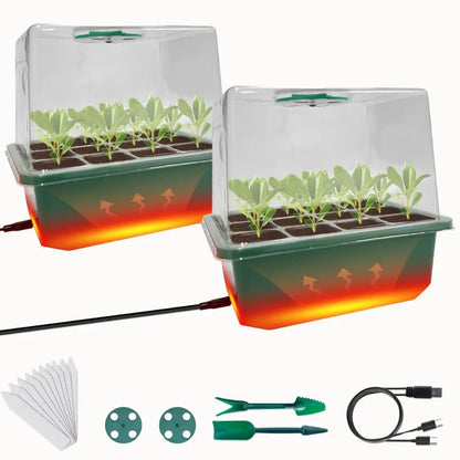Deux mini serres transparentes avec des plants verts, un fond coloré et des accessoires de jardinage à côté