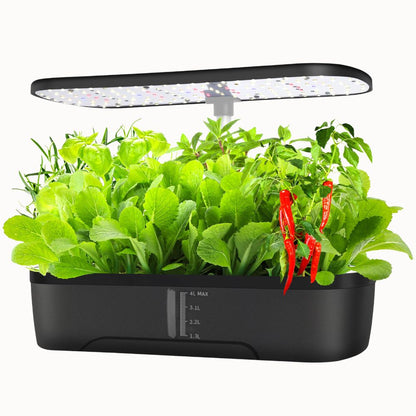 Potager hydroponique noir avec des herbes vertes et des piments rouges sous une lumière LED