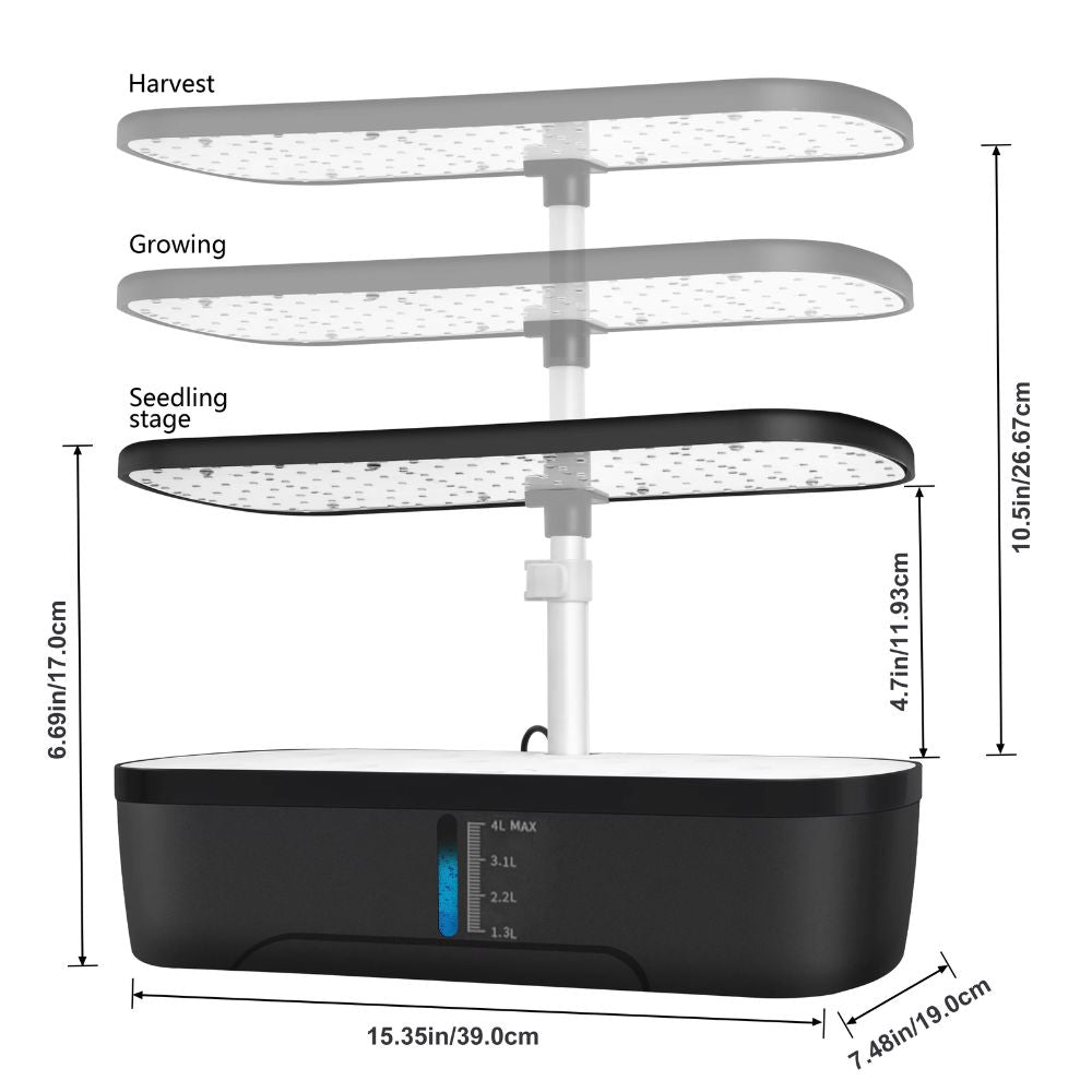 Système de culture hydroponique avec trois étagères blanches et un socle noir, éclairage LED intégré