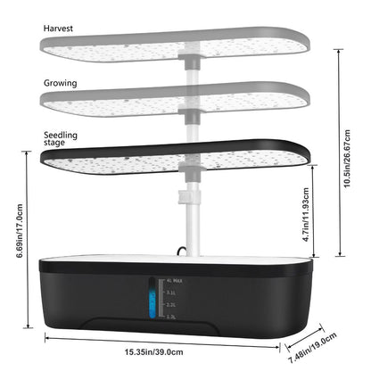 Système de culture hydroponique avec trois étagères blanches et un socle noir, éclairage LED intégré