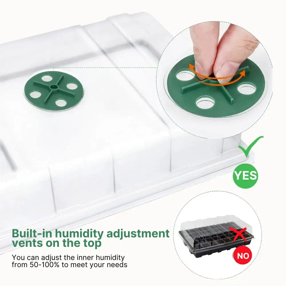 Main de personne ajustant un couvercle vert avec des trous sur une mini serre blanche en plastique