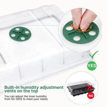 Main de personne ajustant un couvercle vert avec des trous sur une mini serre blanche en plastique