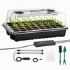 Mini serre avec dôme transparent, pots noirs, jeunes plants verts, câbles et outils de jardinage visibles