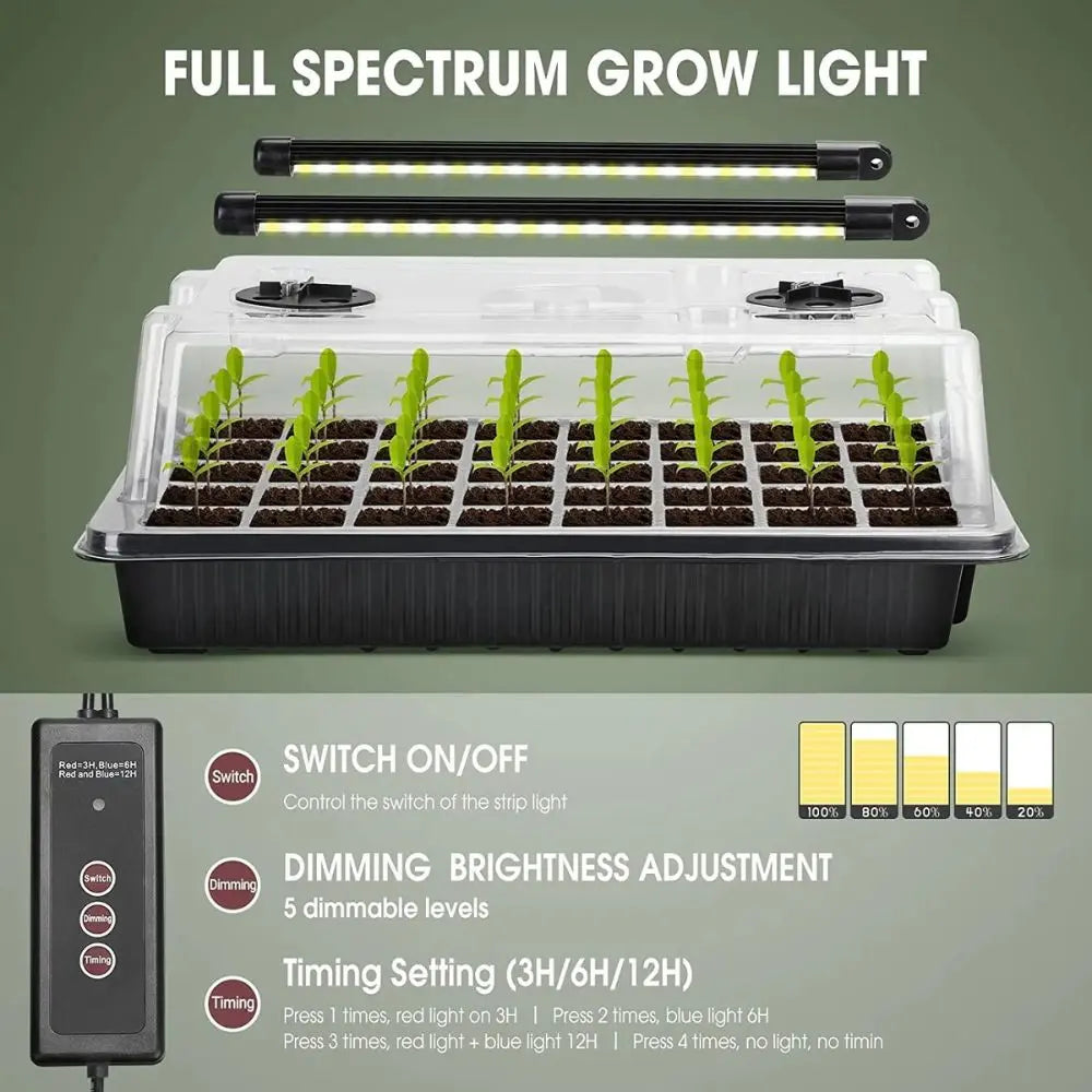 Mini serre avec dôme transparent, lumière LED, jeunes plants verts et système de contrôle à côté