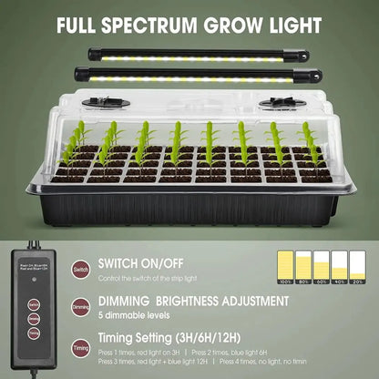 Mini serre avec dôme transparent, lumière LED, jeunes plants verts et système de contrôle à côté