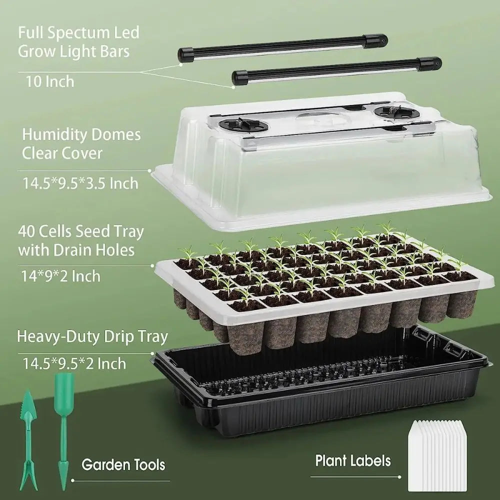 Kit de culture avec dôme transparent, barres LED, plateau noir et outils de jardinage en arrière-plan