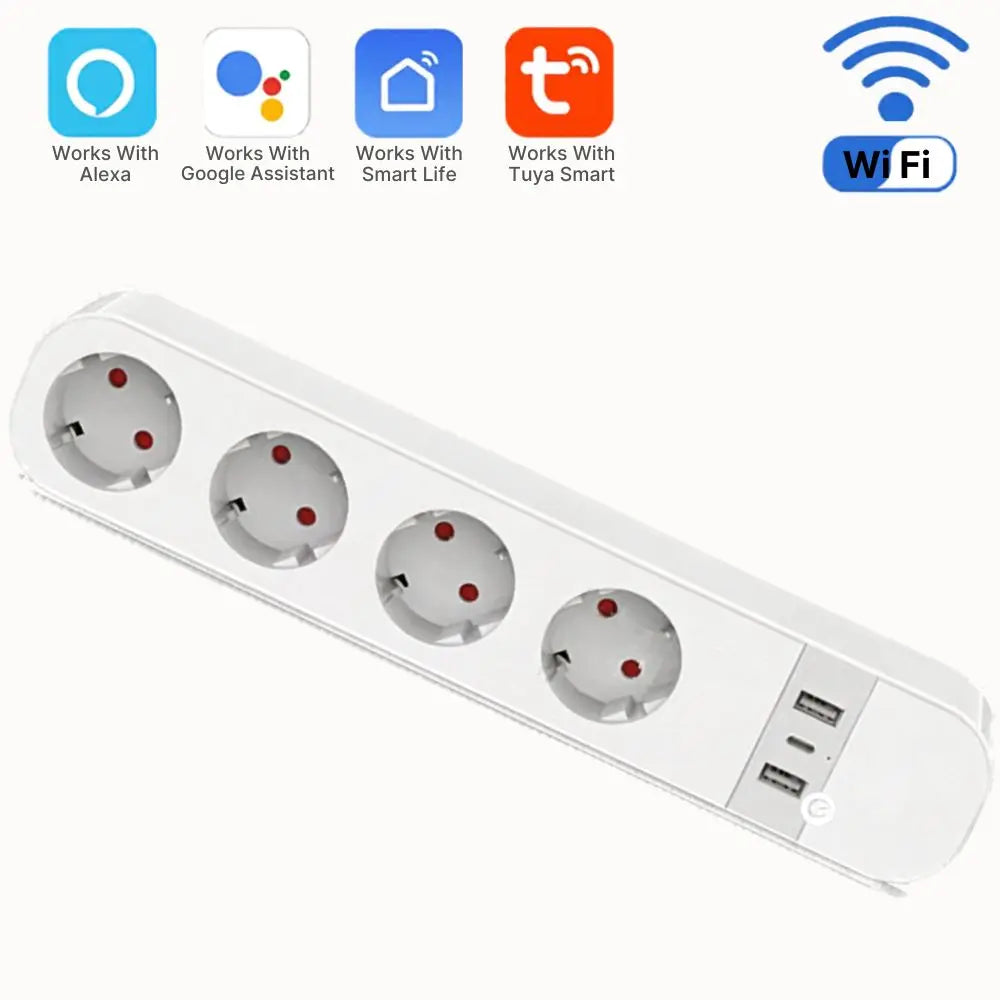 Multiprise blanche avec quatre prises AC et deux ports USB-C sur un fond neutre