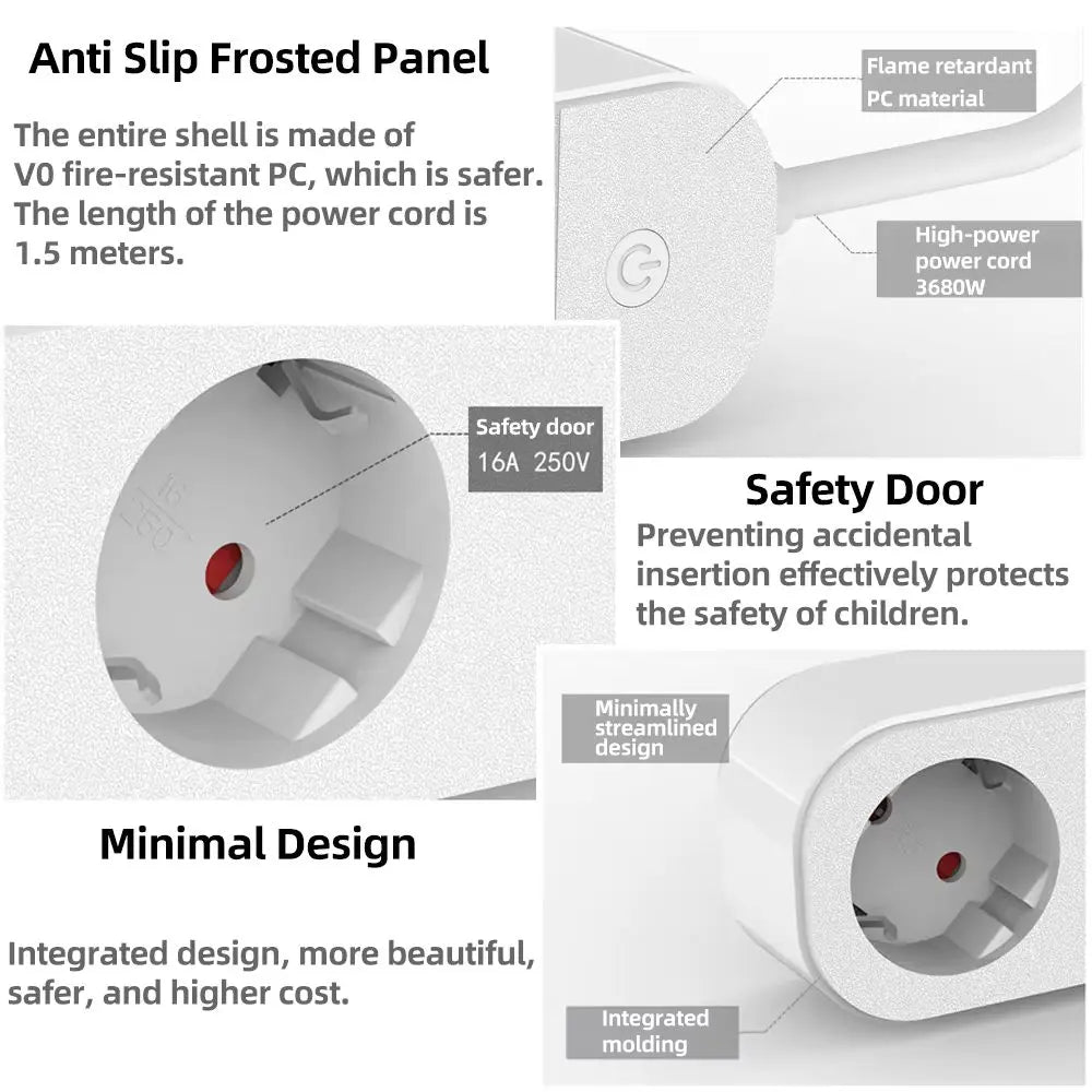 Multiprise connectée avec un panneau anti-glisse, prises AC blanches et design minimaliste élégant