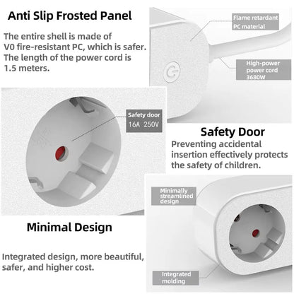 Multiprise connectée avec un panneau anti-glisse, prises AC blanches et design minimaliste élégant