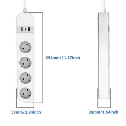 Multiprise blanche avec quatre prises AC et deux ports USB-C sur le côté, câble visible