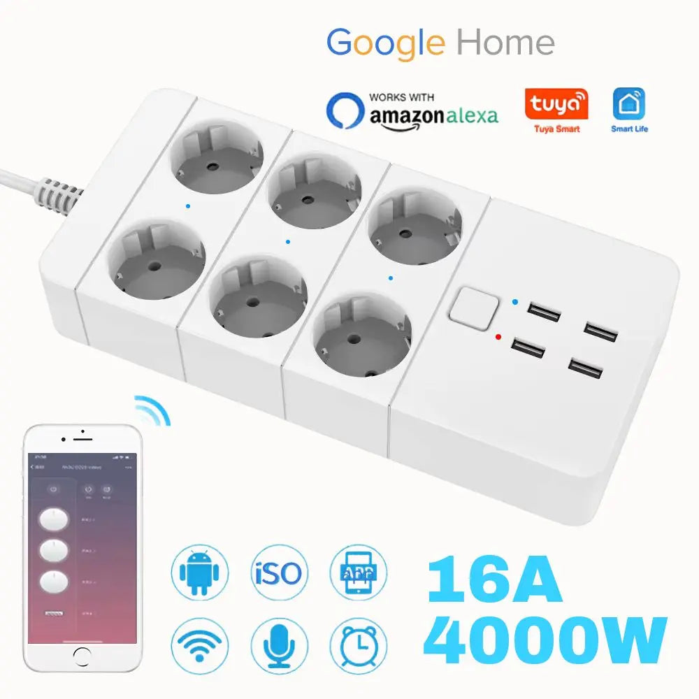 Multiprise blanche avec six prises AC et quatre ports USB, câblage visible et boutons de contrôle