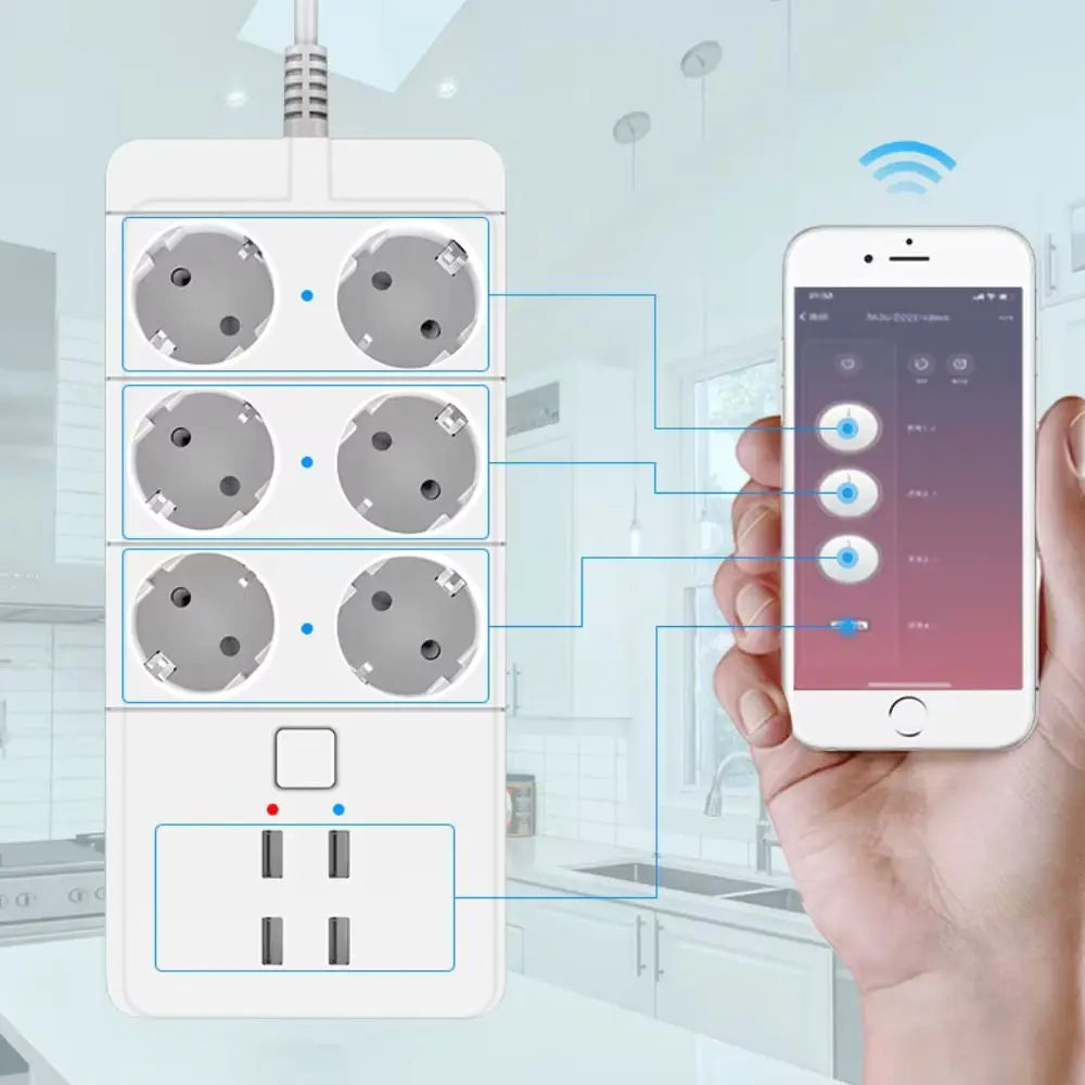 Multiprise blanche avec six prises AC et quatre ports USB, main tenant un smartphone connecté