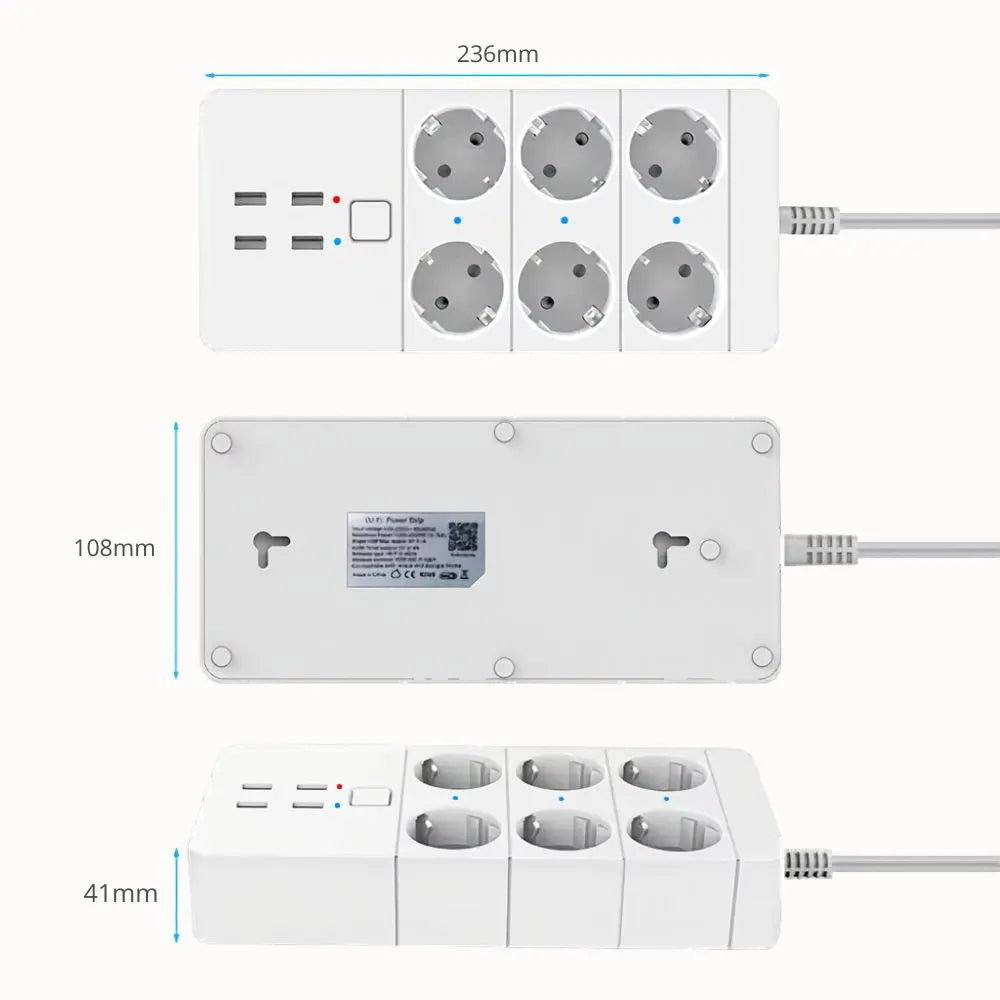 Multiprise blanche avec six prises AC et quatre ports USB, câbles visibles sur les côtés