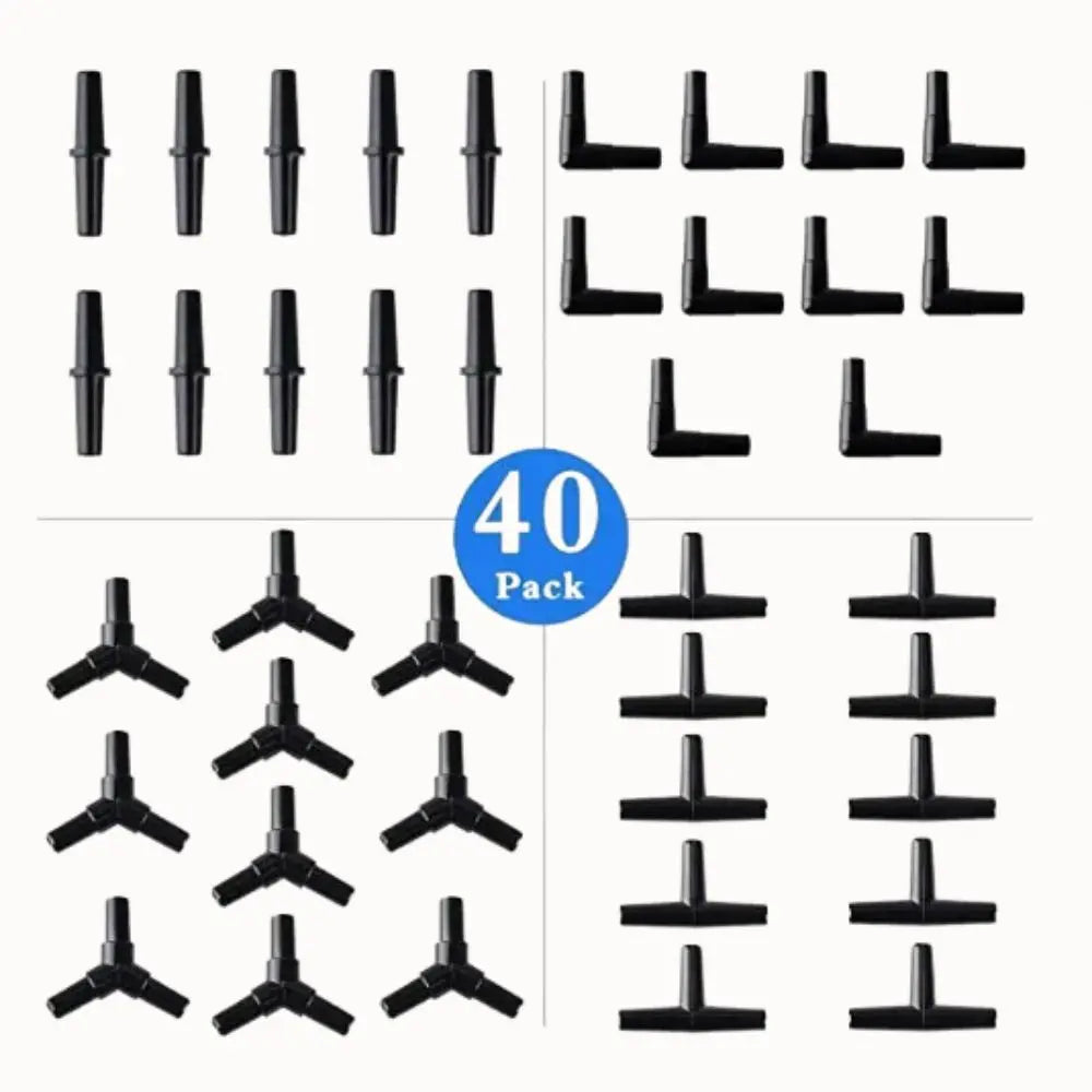 Connecteurs de tuyau en plastique noir en forme de T, L, I et Y disposés sur un fond clair