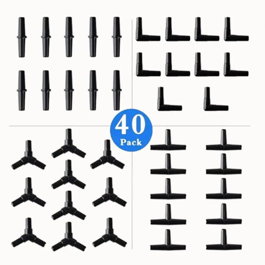 Connecteurs de tuyau en plastique noir en forme de T, L, I et Y disposés sur un fond clair