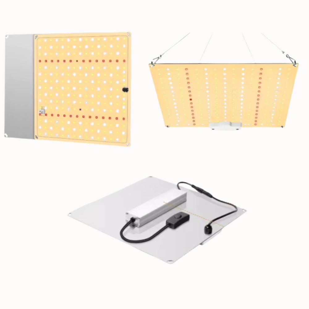 Panneau lumineux rectangulaire avec motifs jaunes et blancs, support en métal et câbles visibles