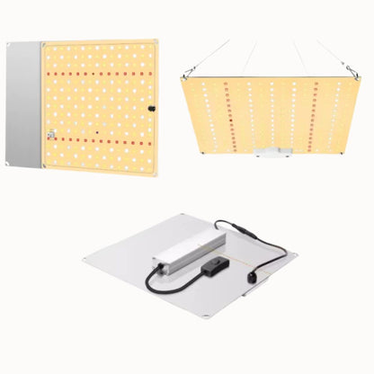 Panneau lumineux rectangulaire avec motifs jaunes et blancs, support en métal et câbles visibles