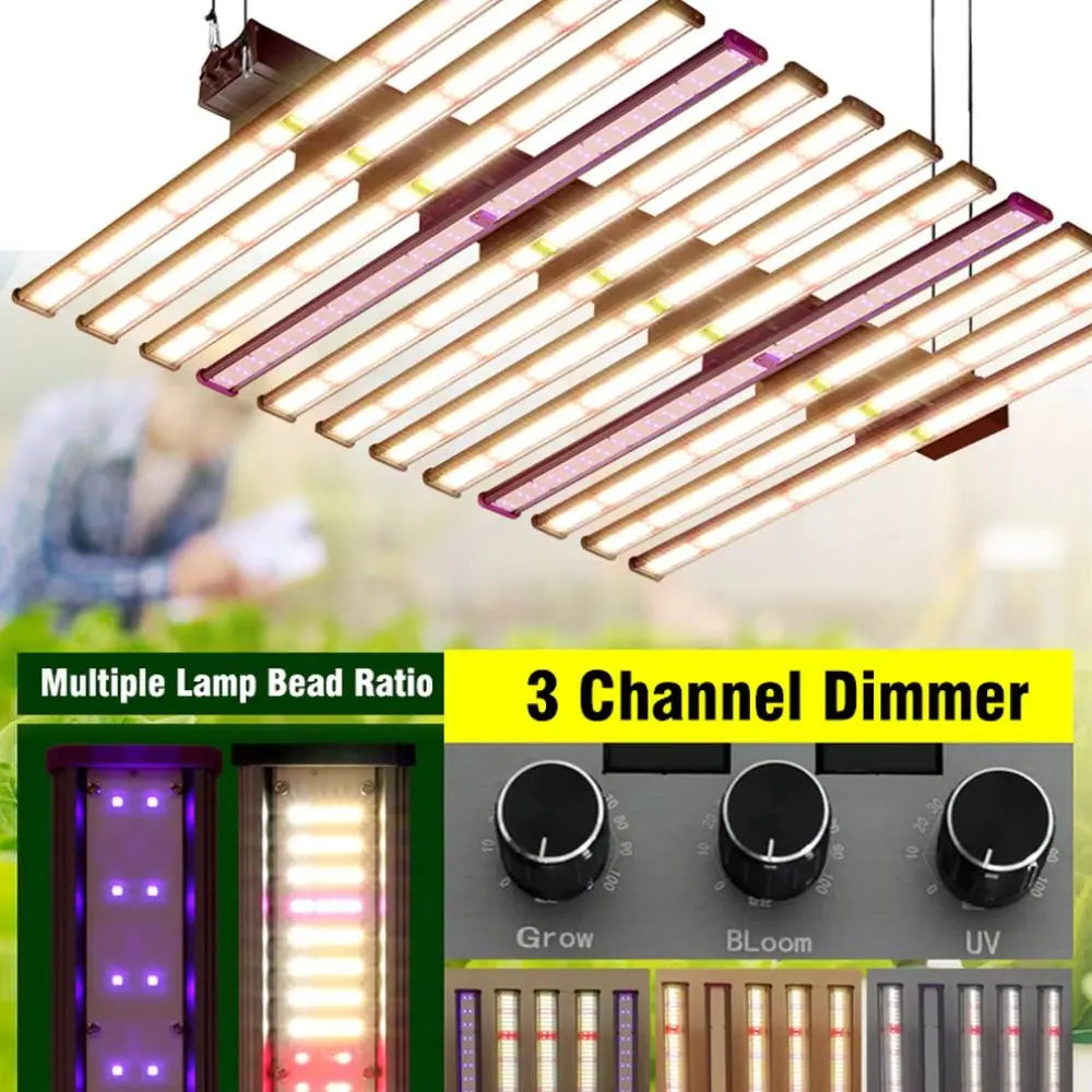 Barres LED suspendues avec lumière blanche et violette, disposées en rangées sur fond clair