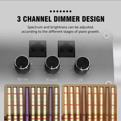 Panneau LED avec trois boutons de réglage, barres lumineuses de différentes couleurs et design moderne en métal