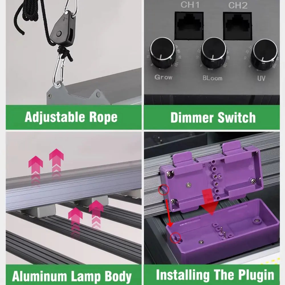 Barres LED en aluminium avec interrupteur dimmable et cordes ajustables pour culture indoor