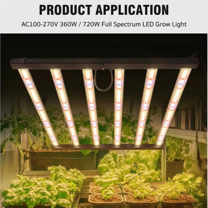 Panneau LED suspendu avec plusieurs tubes lumineux, éclairant des plantes vertes en pot dans une serre