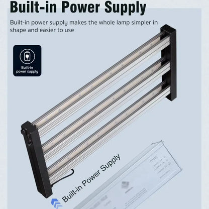 Panneau LED noir avec plusieurs barres lumineuses et un boîtier en métal argenté, sur fond clair