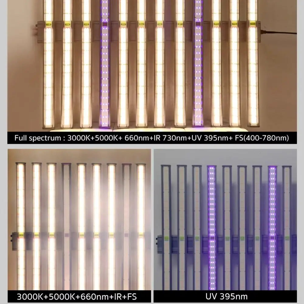 Barres LED horticoles blanches et violettes disposées en plusieurs rangées sur un fond gris clair