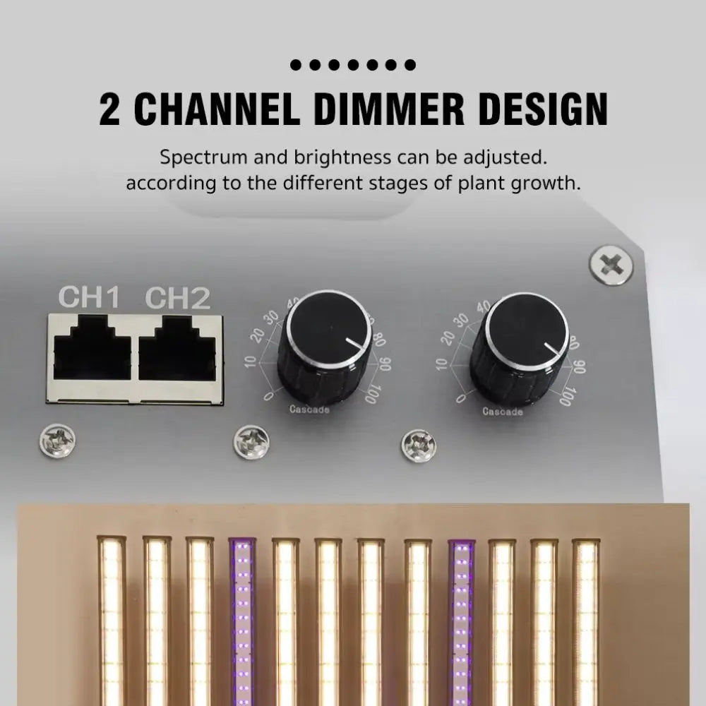 Panneau LED horticole avec barres lumineuses, boutons de réglage et connecteurs sur fond gris clair