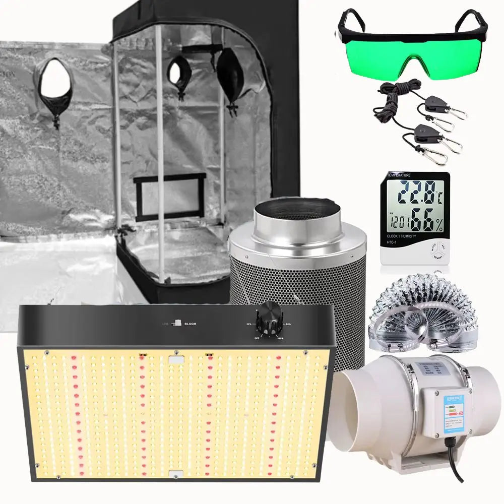 Pack complet de chambre de culture avec éclairage, extracteur et accessoires visibles sur l'image