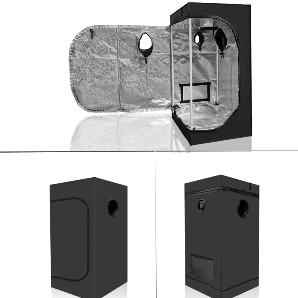 Chambre de culture noire avec parois réfléchissantes et ouvertures pour ventilation et câbles
