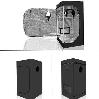 Chambre de culture noire avec parois réfléchissantes et ouvertures pour ventilation et câbles
