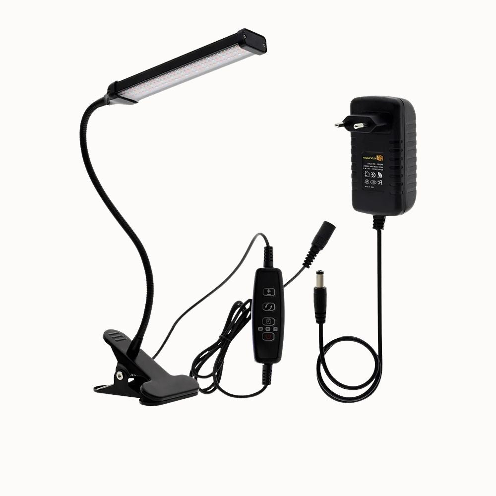 Lampe LED noire avec clip, bras flexible, câble d'alimentation et interrupteur sur le support