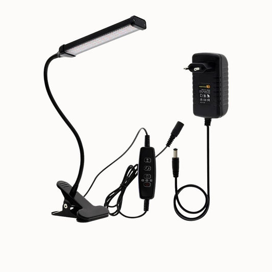 Lampe LED noire avec clip, bras flexible, câble d'alimentation et interrupteur sur le support