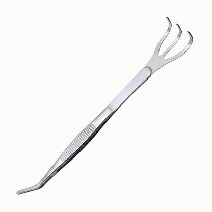 Pince râteau en inox avec trois dents et une partie plate, finition brillante et design ergonomique