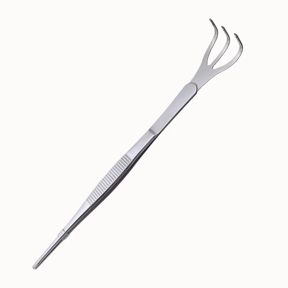 Pince en inox avec trois dents et un manche lisse, idéale pour le nettoyage des paniers hydro