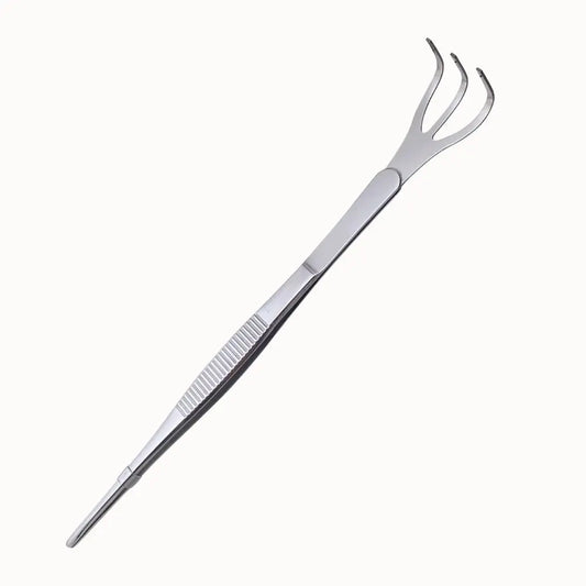 Pince en inox avec trois dents et un manche lisse, idéale pour le nettoyage des paniers hydro