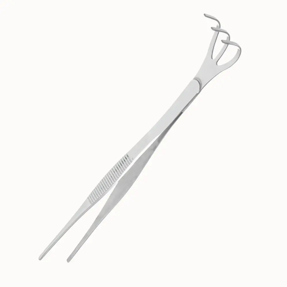 Pince en inox avec deux crochets et une partie plate, surface brillante et design élégant