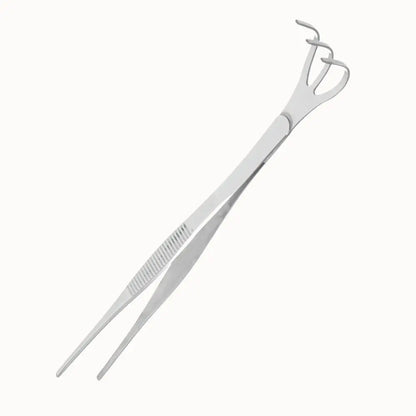Pince en inox avec deux crochets et une partie plate, surface brillante et design élégant