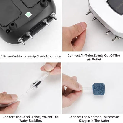 Pompe à air hydroponique noire avec plusieurs sorties et un connecteur transparent en silicone