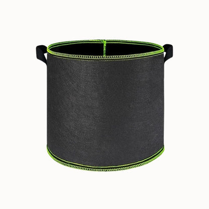Sac en tissu noir avec des coutures vertes, forme cylindrique et poignées latérales pour le transport