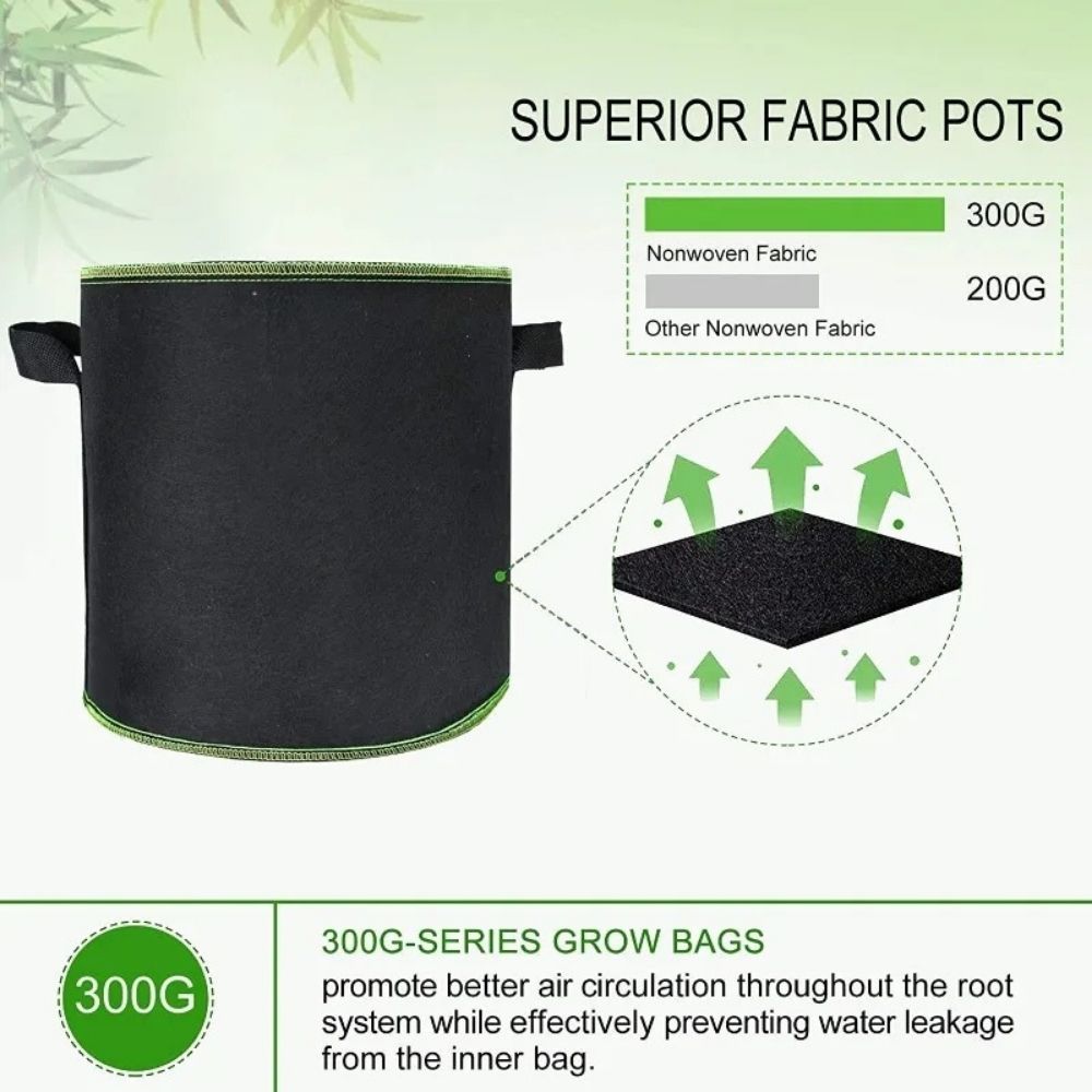 Sac en tissu noir avec une bordure verte, conçu pour la culture des plantes en intérieur
