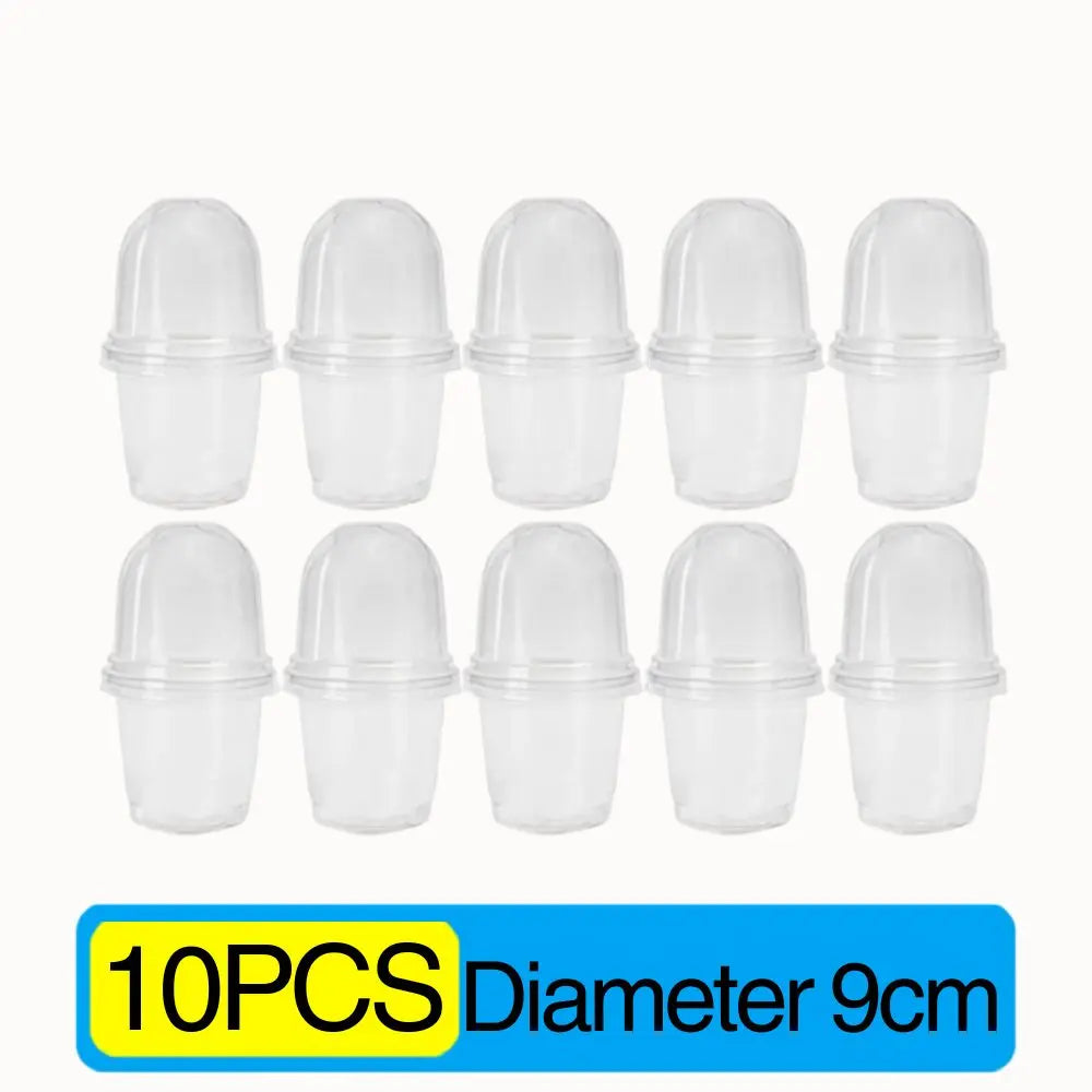 Dix pots horticoles transparents de 9 cm avec dôme d'aération, disposés en rangée sur fond blanc