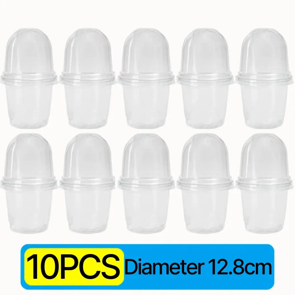 Dix pots horticoles en plastique transparents de forme cylindrique avec couvercles arrondis
