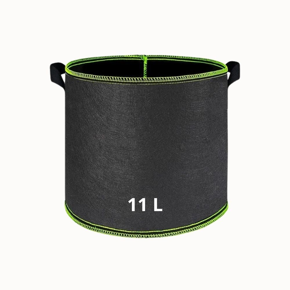 Sac de plantation noir avec poignées renforcées et couture verte, forme cylindrique, matière textile apparente