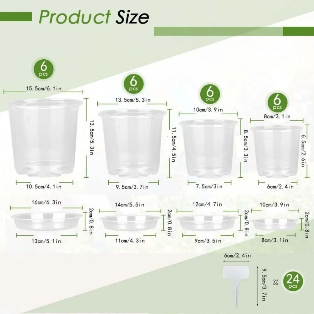 Quatre pots horticoles transparents de différentes tailles, en plastique, avec des bords lisses et un fond plat