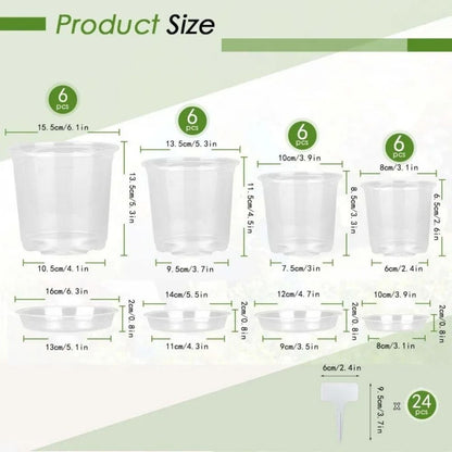Quatre pots horticoles transparents de différentes tailles, en plastique, avec des bords lisses et un fond plat