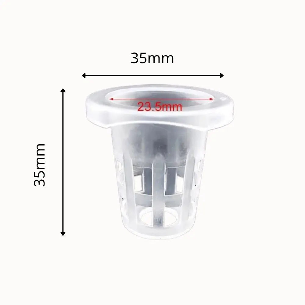 Panier de culture hydroponique transparent avec des ouvertures et une forme cylindrique, en plastique léger