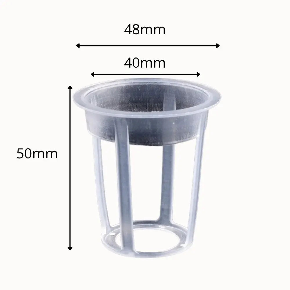 Panier en plastique transparent avec des ouvertures, forme cylindrique et bords renforcés pour hydroponie